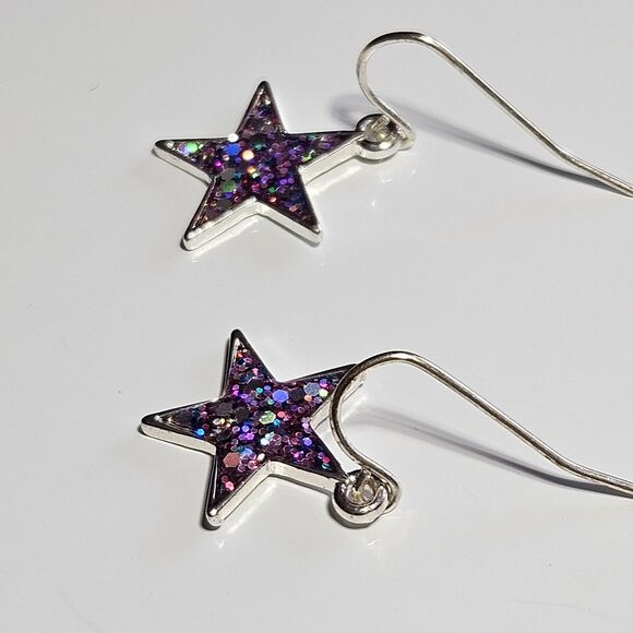 Silver Tone Dainty Pink Glitter Inlay Stars Dangling Earrings - Picture 8 of 11